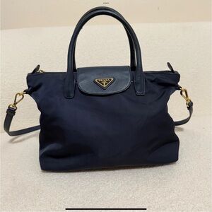 Prada Tessuto Vitello Leather Trim Satchel Crossbody Bag Navy Gold